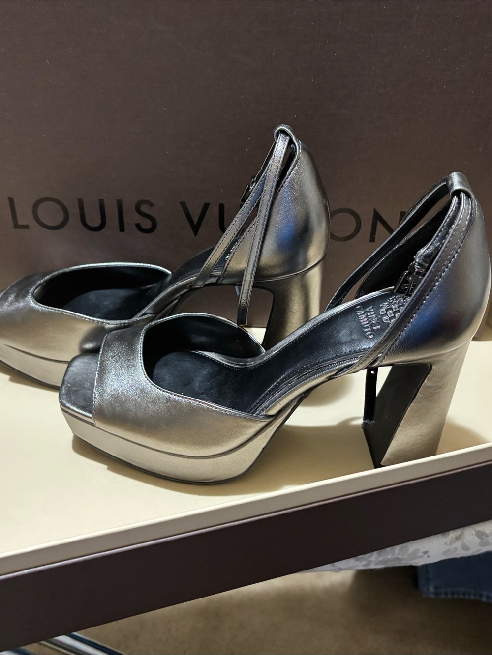 Vince Camuto Silver Metallic Platform Peep-Toe Heels